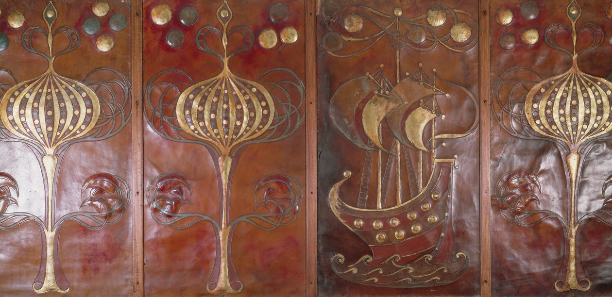 Geprägte, bemalte und vergoldete Lederpaneele, hergestellt von der Guild of Handicraft, 1892 von Charles Robert Ashbee