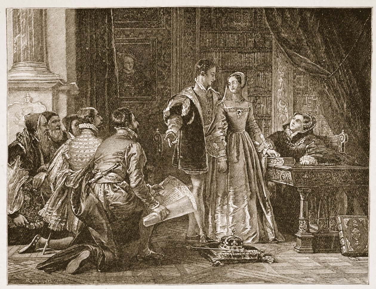 Lady Jane Greys Widerwillen, die Krone anzunehmen, Sion House, 8. Juli 1553, Illustration aus 