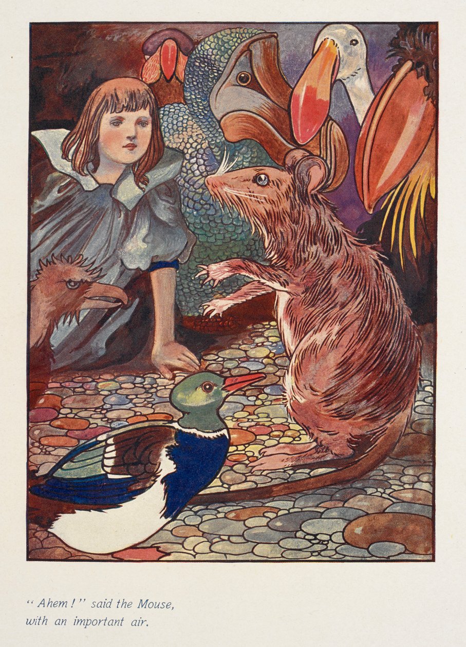 "Ahem!" sagte die Maus mit wichtiger Miene. Alice mit einer Maus und anderen Tieren von Charles Robinson