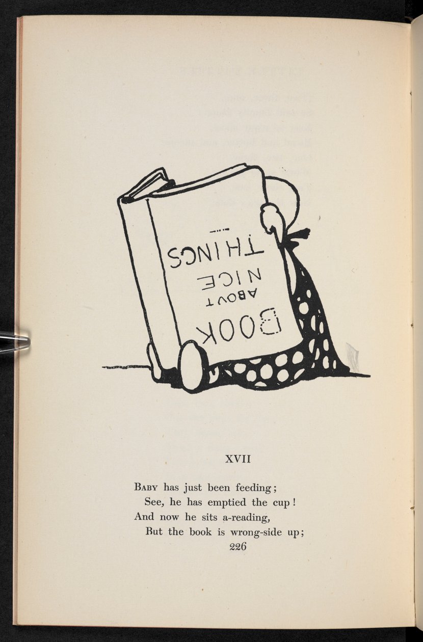 XVII. Ein Reim. Ein Kind liest ein Buch verkehrt herum. von Charles Robinson