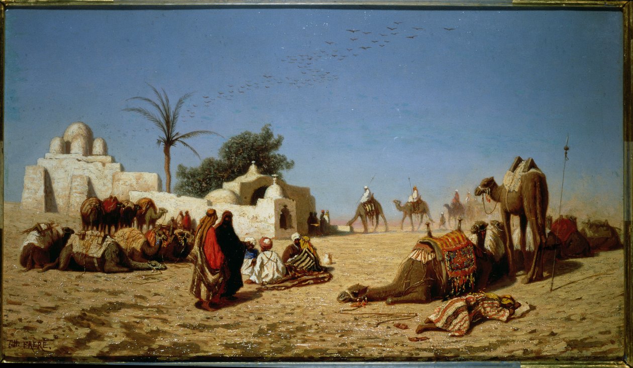 Eine Karawane im Wüstenhalt von Charles Theodore Frere