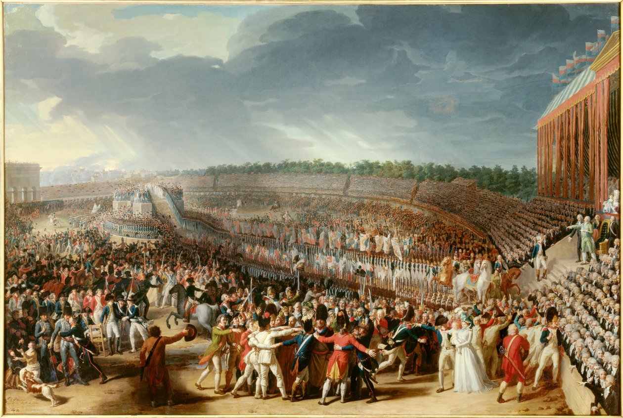 Französische Revolution: „Das Fest der Föderation am 14. Juli 1790 auf dem Champ de Mars“ 1790 Paris, Museum Carnavalet von Charles Thevenin