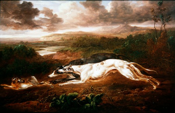 Zwei Windhunde hetzen einen Hasen von Charles Towne