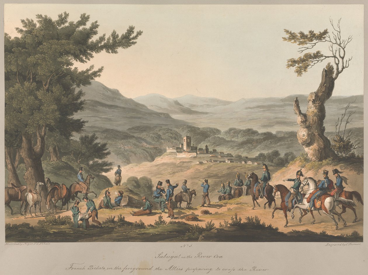Nr. 5 Sabugal am Fluss Coa, französische Vorposten im Vordergrund, die Alliierten bereiten sich darauf vor, den Fluss zu überqueren. von Charles Turner