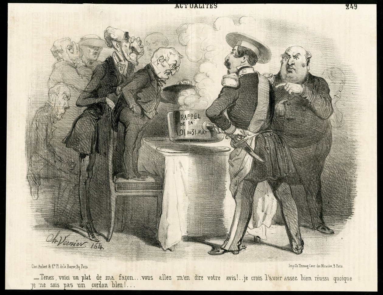 Illustration von Charles Vernier (? -1887) in Le Charivari, circa 1851-11 - Erinnerung an das Gesetz vom 31. Mai 1850 - Wahlen, Präsident der Republik, Größe, Gesetz, Wahlrecht - Thiers Adolphe, Napoleon III, Dupin Andre-Marie genannt Dupin aine (1783-1865 von Charles Vernier