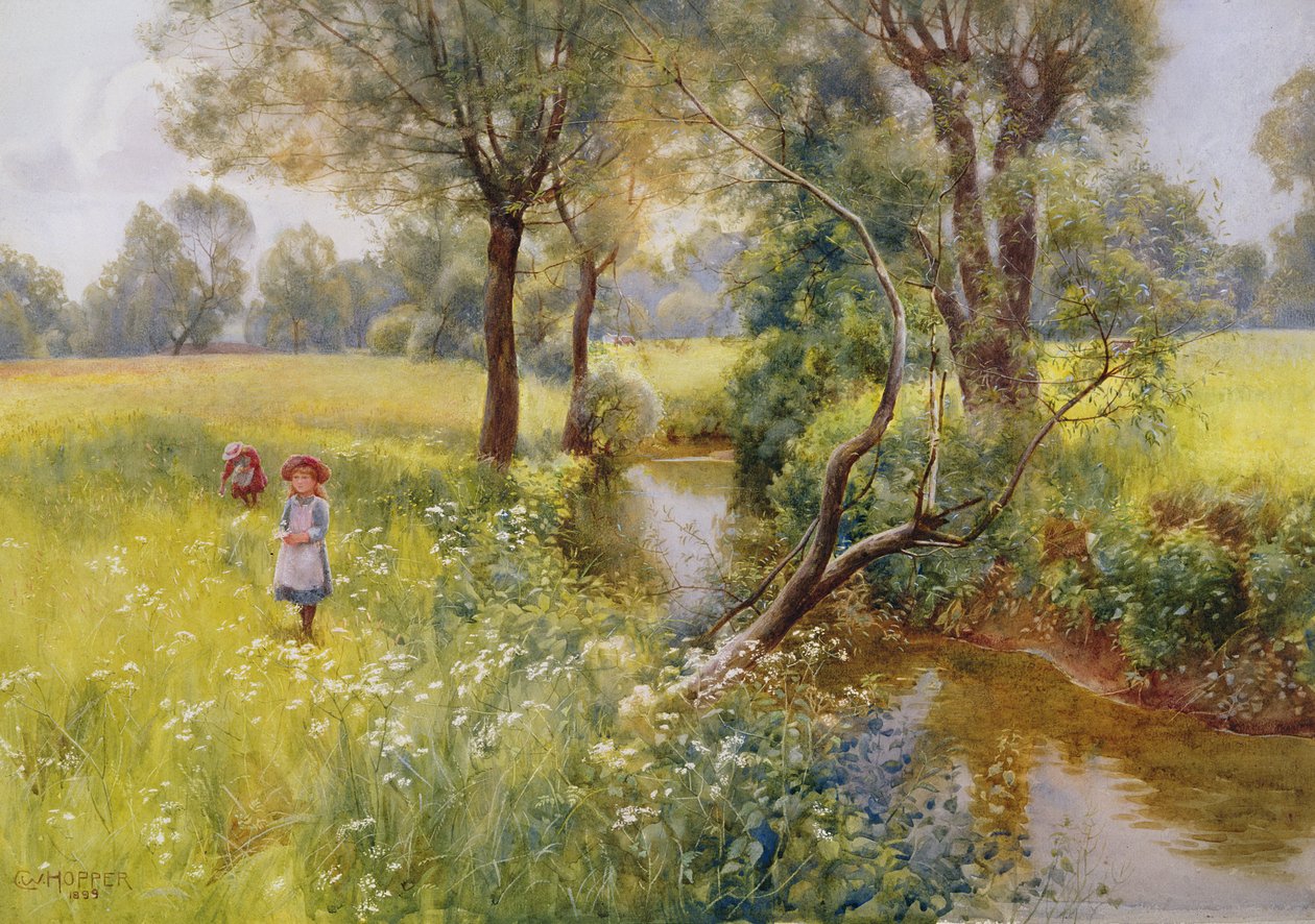 Sommerblumen am Bach pflücken, 1899 von Charles W. Hopper