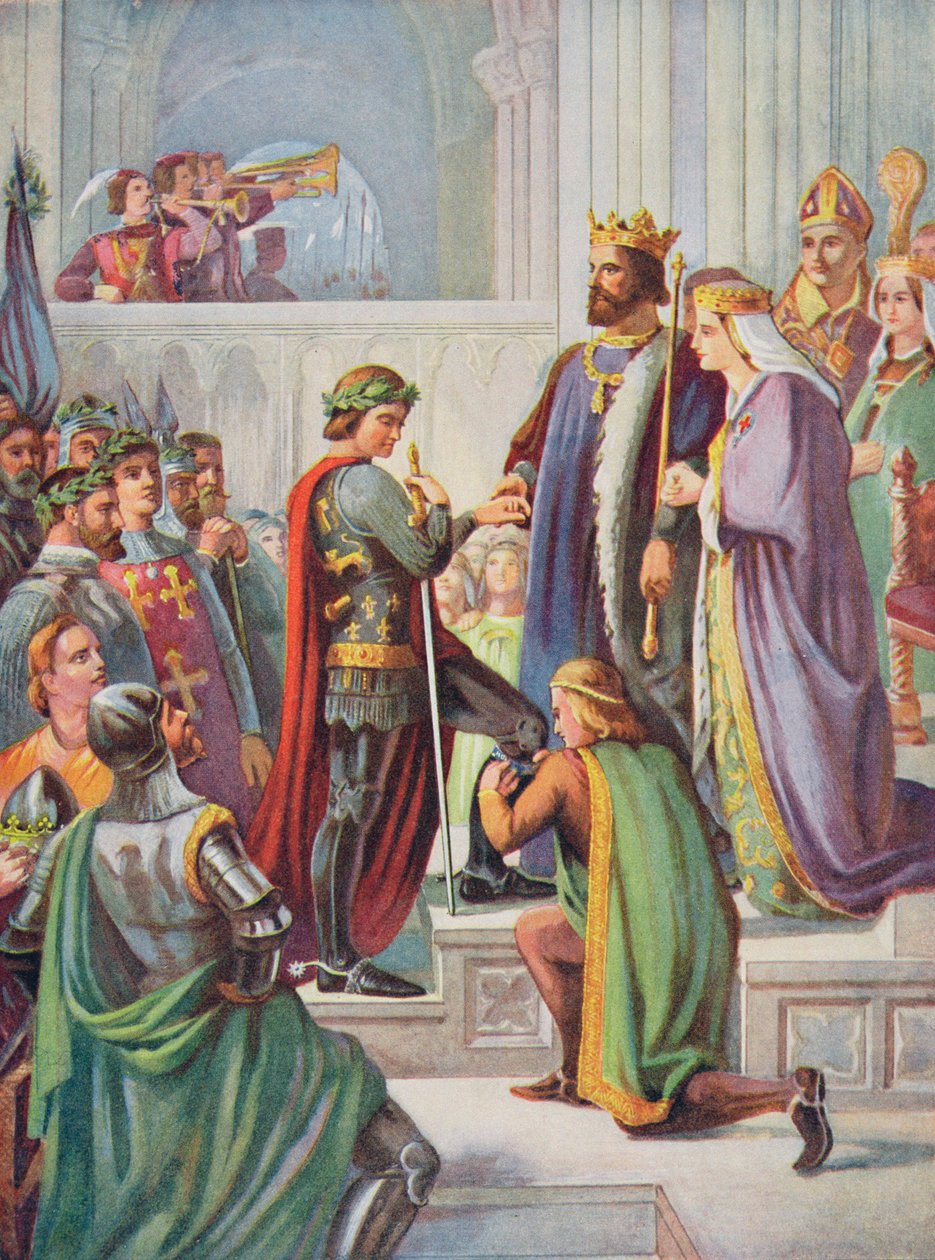 Die Investitur des Schwarzen Prinzen (1330-76) als Ritter des Hosenbandordens, Illustration aus 