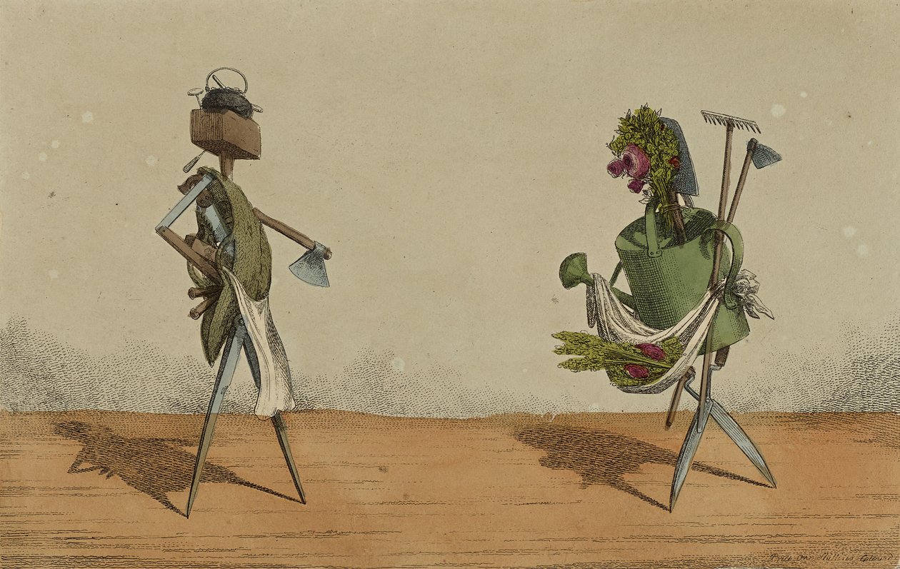 Belebte Werkzeuge, Tafel 2, gewidmet den Zimmerleuten und Gärtnern Großbritanniens, ca. 1811 (handkolorierte Radierung) von Charles Williams