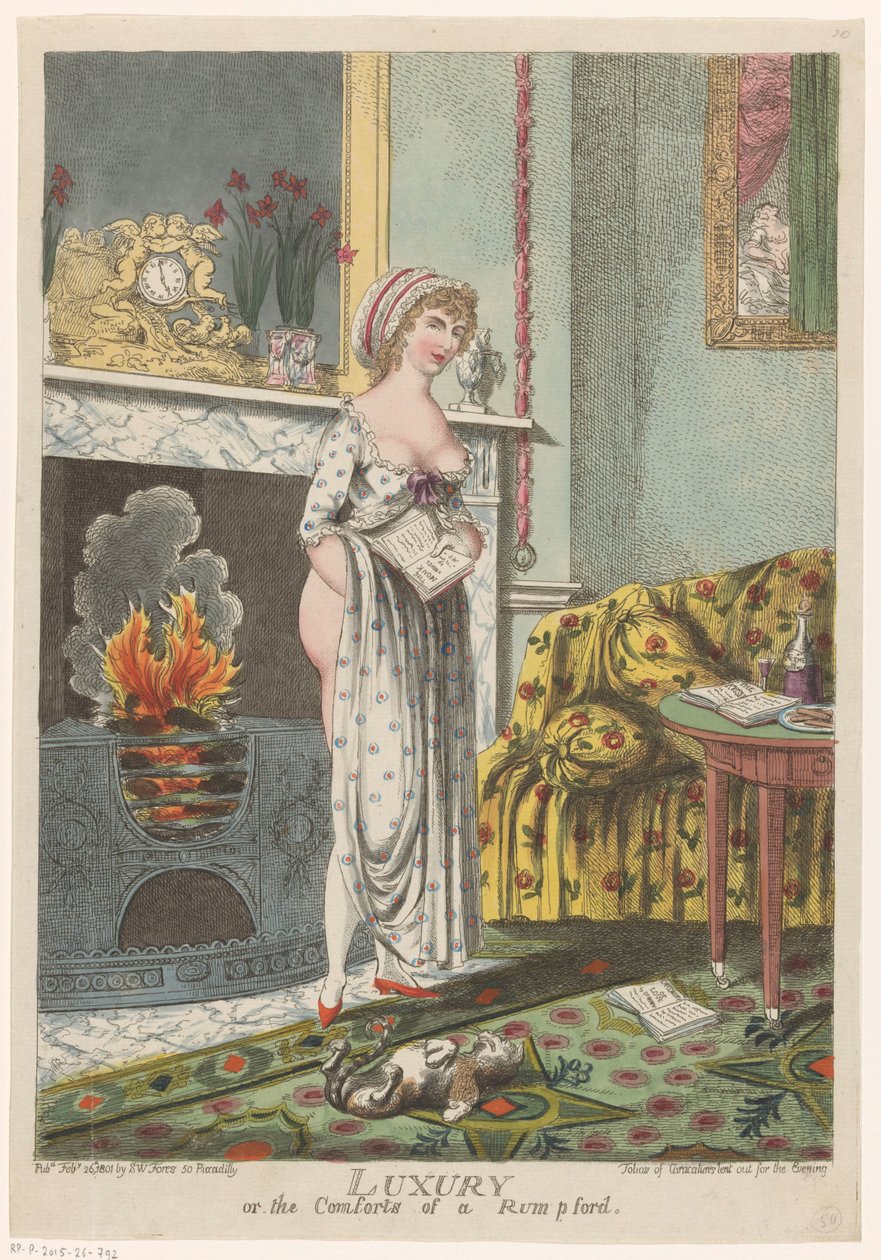Frau wärmt sich am Herd, ein Buch in der Hand von Charles Williams