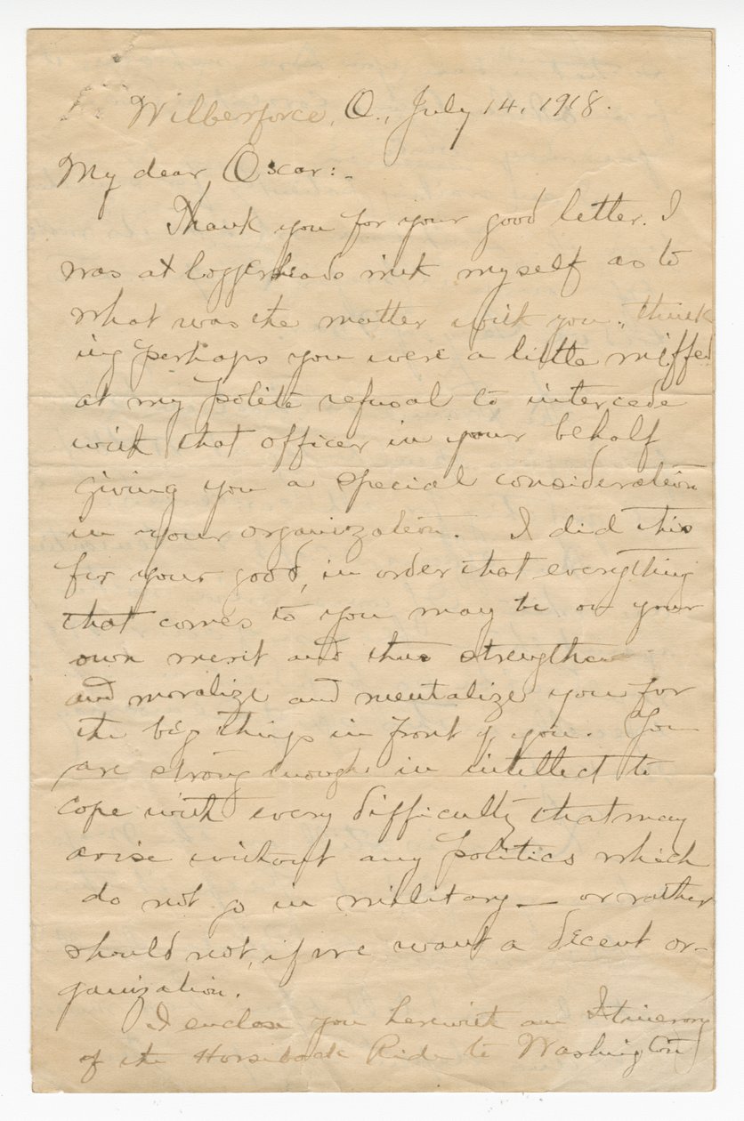Brief an Oscar W. Price von Colonel Charles Young, 14. Juli 1918 von Charles Young