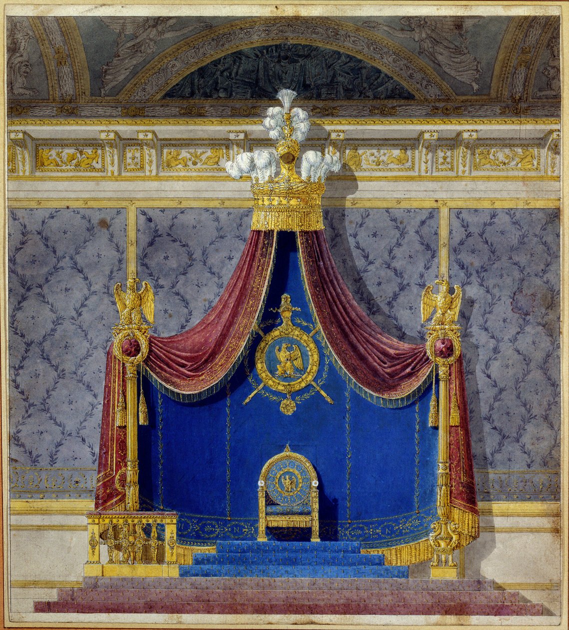 Der Thron von Napoleon I. im Palais des Tuileries, geschaffen von Charles Percier (1764-1838) und Pierre François Léonard Fontaine (1762-1853), französische Architekten und Dekorateure. Private Sammlung von Charles and Fontaine Pierre Percier