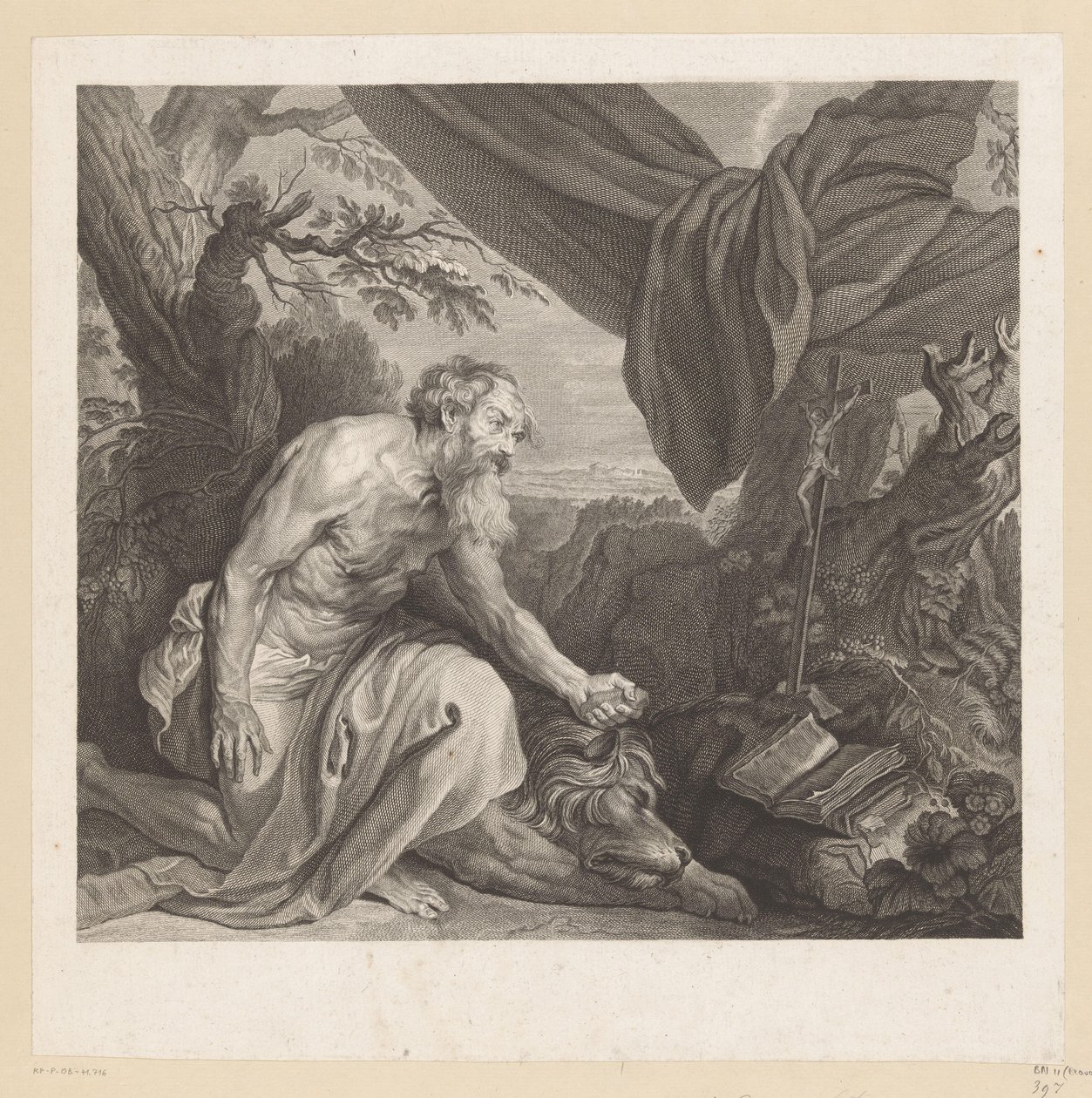 Hieronymus mit schlafendem Löwen und Kruzifix von Charles de Beauvais (rejected attribution)