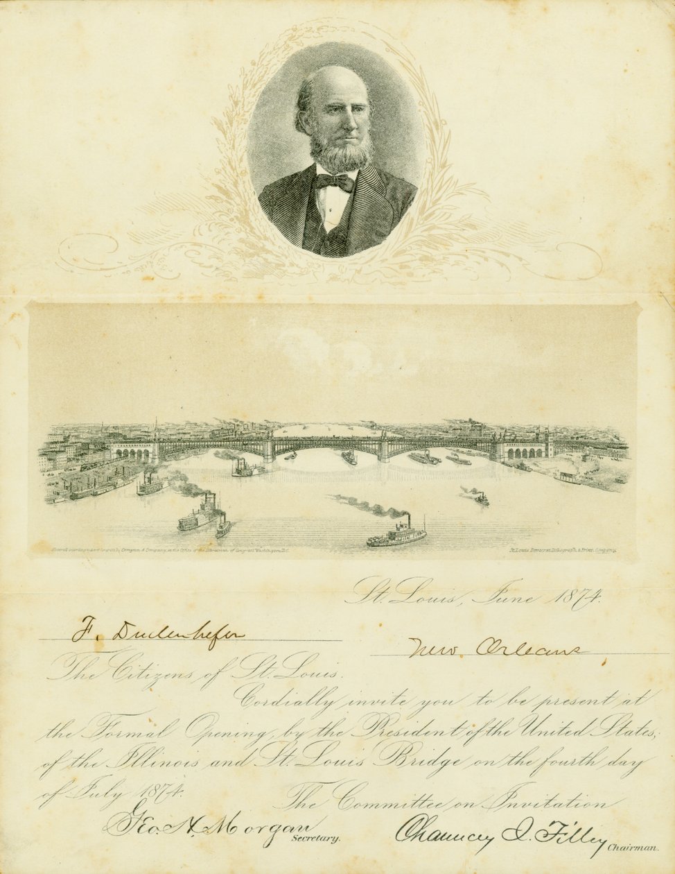 Einladung zur Teilnahme an der feierlichen Eröffnung der Eads-Brücke am 4. Juli 1874 von Chauncey I. Filley