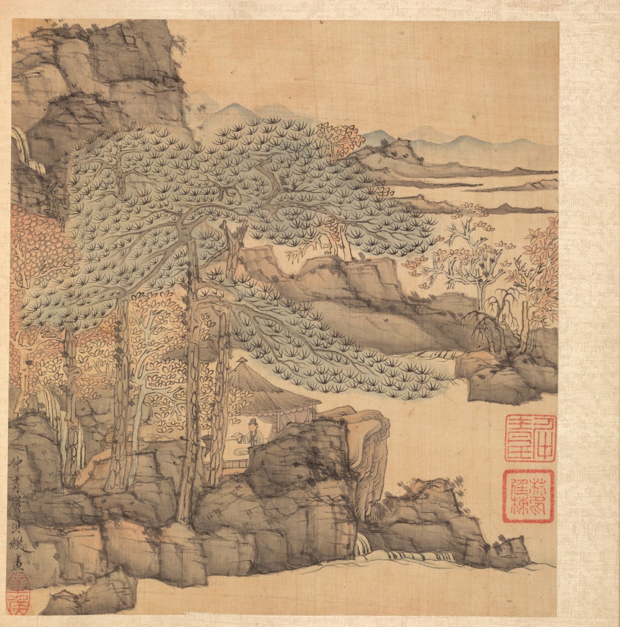 Gemälde nach alten Meistern: Gelehrter liest in einer Strohhütte am Wasserfall, 1598-1652 von Chen Hongshou