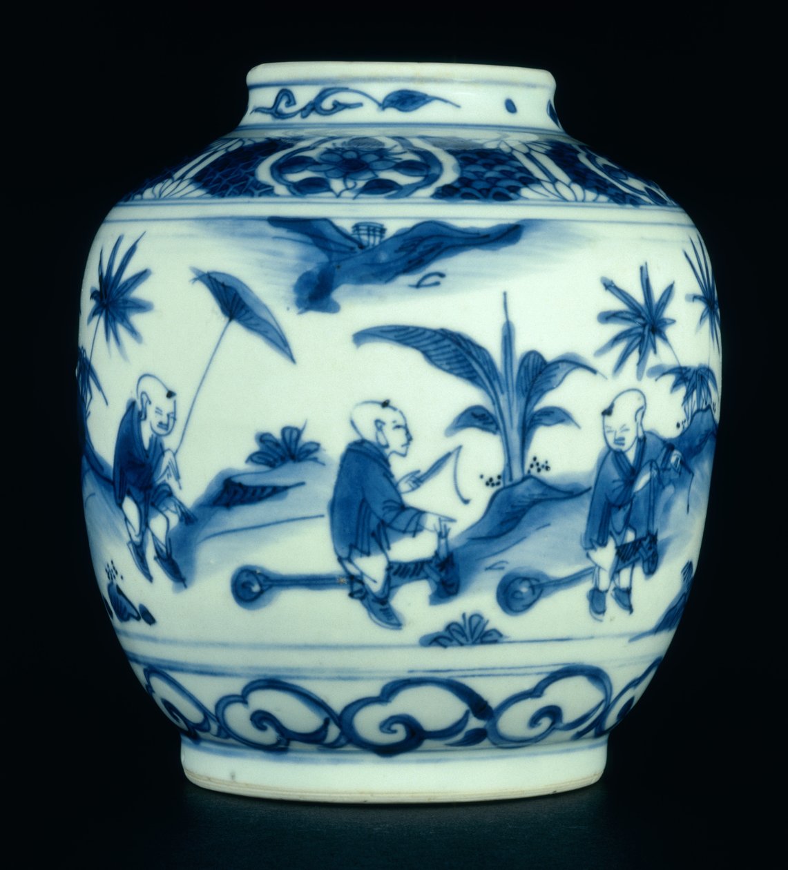 Blau-weiße Vase mit Jungen, die auf Steckenpferden spielen, Wanli oder Chongzheng, 1600-30 (Porzellan) von Chinese School