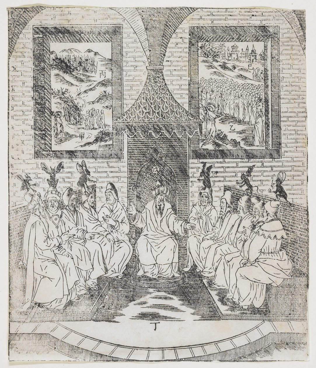Kaiphas und der Rat der Ältesten, Platte aus Giulio Alenis Tianzhu jiangsheng zhuxiang jingjie (Eine illustrierte Geschichte des Herrn des Himmels, der Fleisch geworden ist), Jinjiang Kirche, Fuji von Chinese School