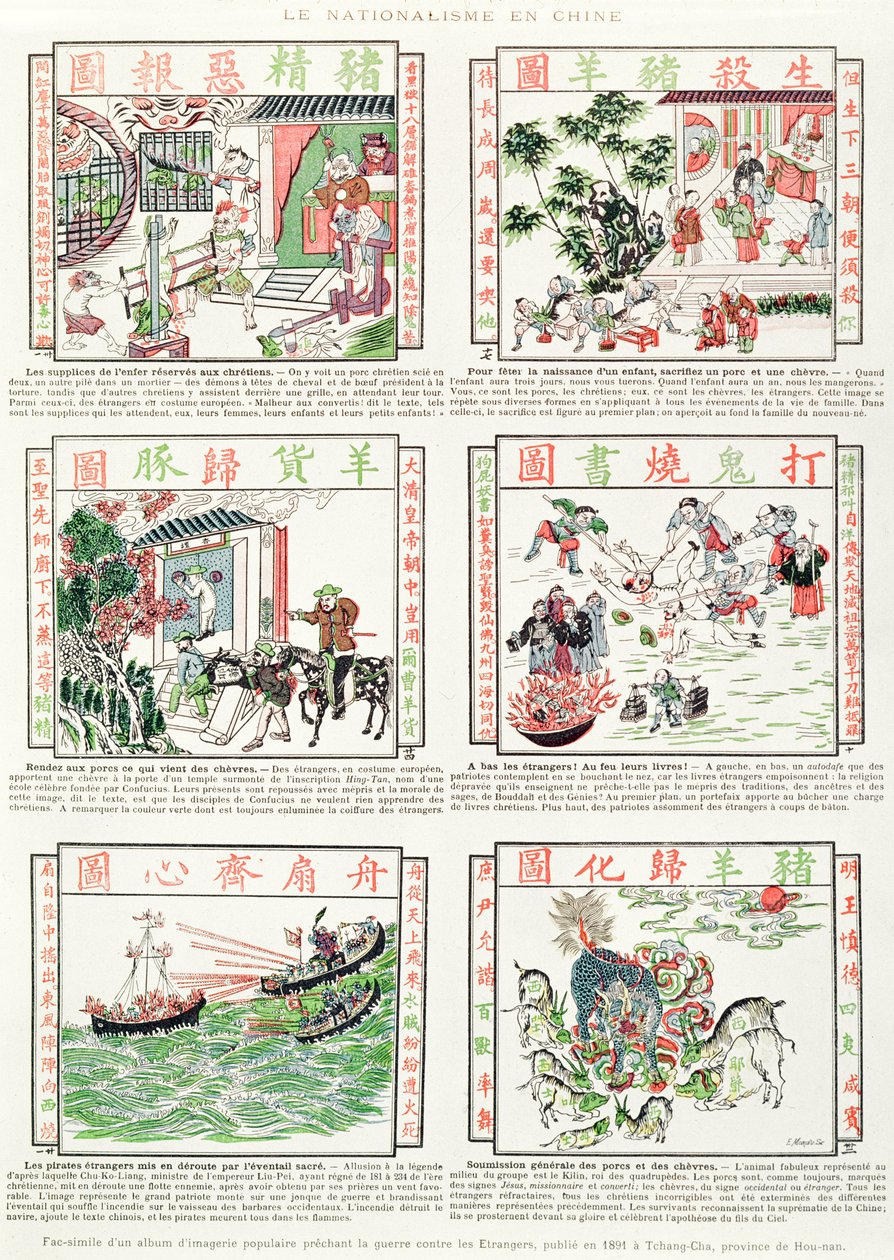 Chinesische nationalistische und antieuropäische Bildsprache, aus einem Faksimile-Album mit populären Bildern, die Krieg gegen Ausländer predigen, 1891 von Chinese School