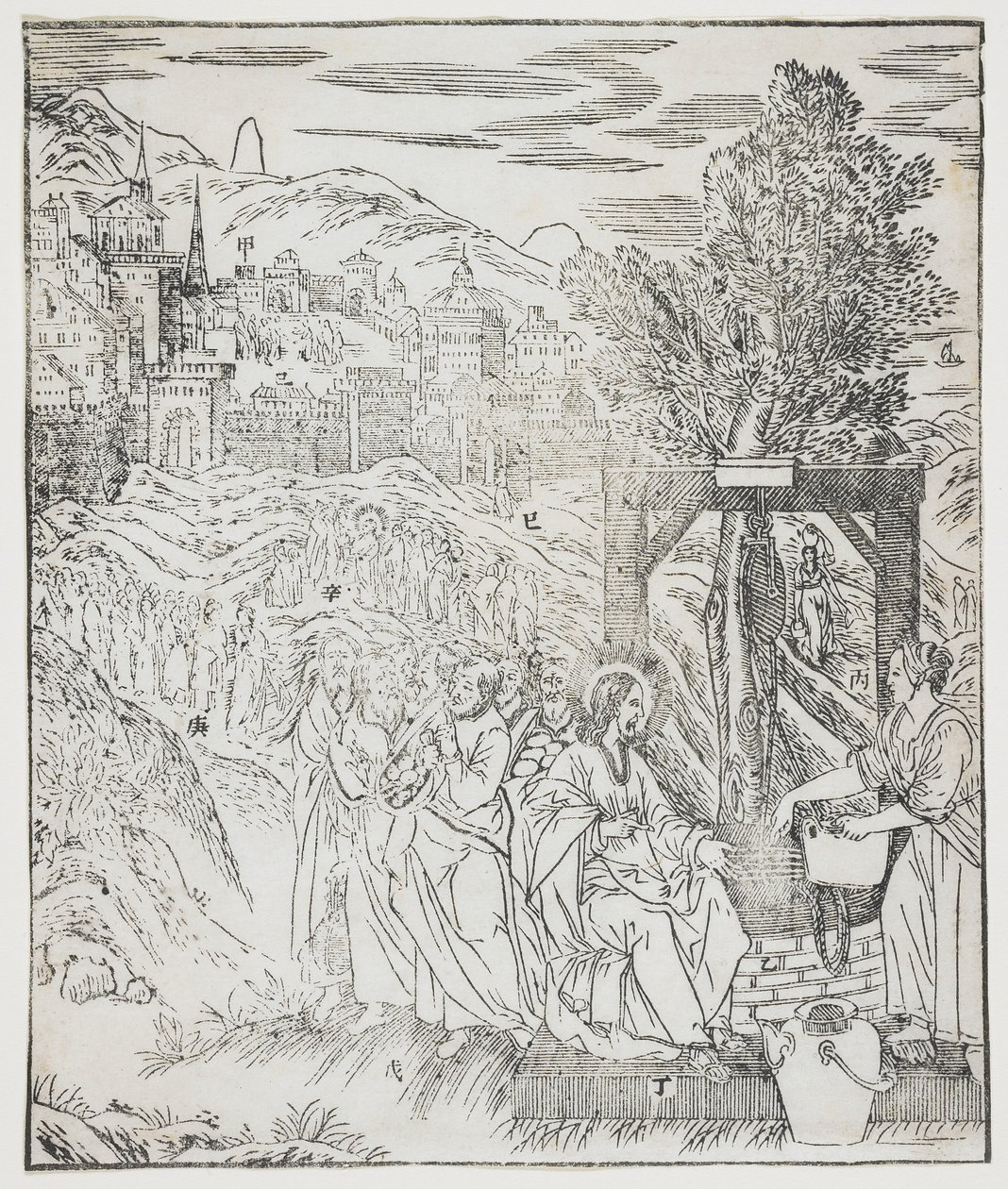 Christus am Brunnen, Platte aus Giulio Alenis Tianzhu jiangsheng zhuxiang jingjie (Eine illustrierte Geschichte des Herrn des Himmels, der Fleisch geworden ist), Jinjiang Kirche, Provinz Fujian, China von Chinese School