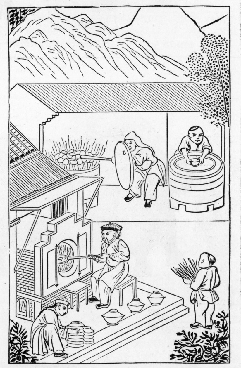 Öffnen und Schließen von Öfen, aus einer Serie von Illustrationen zur Herstellung von Porzellan von Chinese School