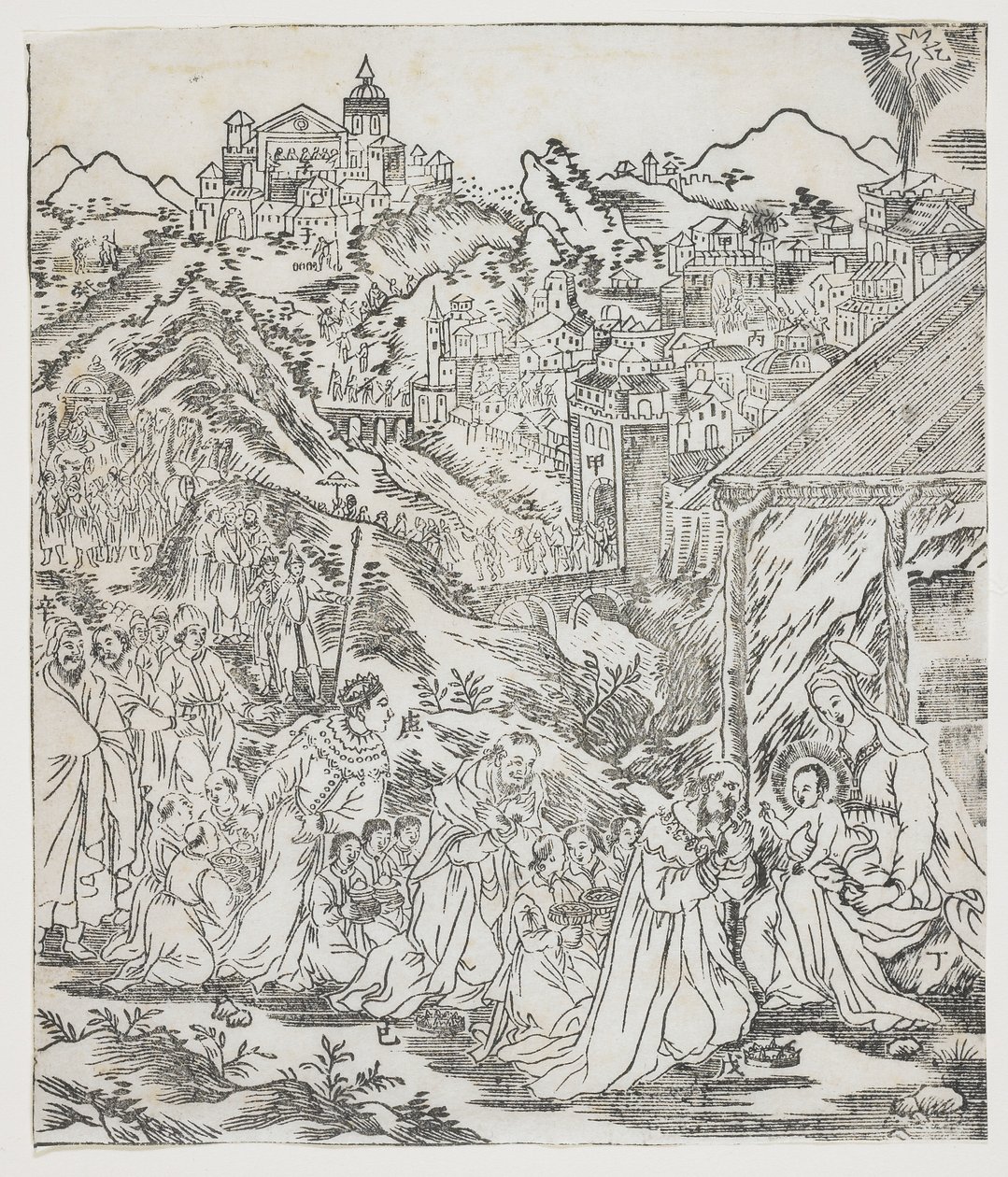 Die Anbetung Christi, Platte aus Giulio Alenis Tianzhu jiangsheng zhuxiang jingjie (Eine illustrierte Geschichte des Herrn des Himmels, der Fleisch geworden ist), Jinjiang Kirche, Provinz Fujian von Chinese School
