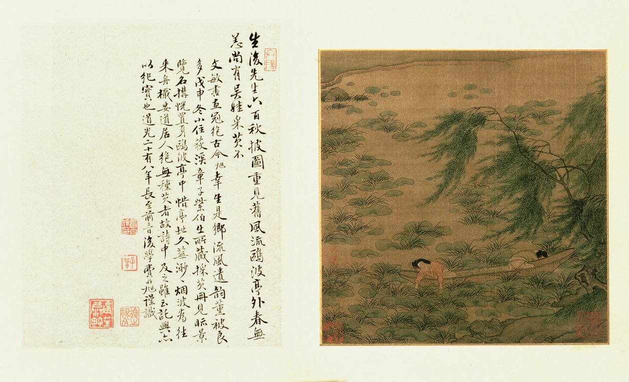 Zwei Mädchen sammeln Wasserkastanien von einem Boot von Chinese School