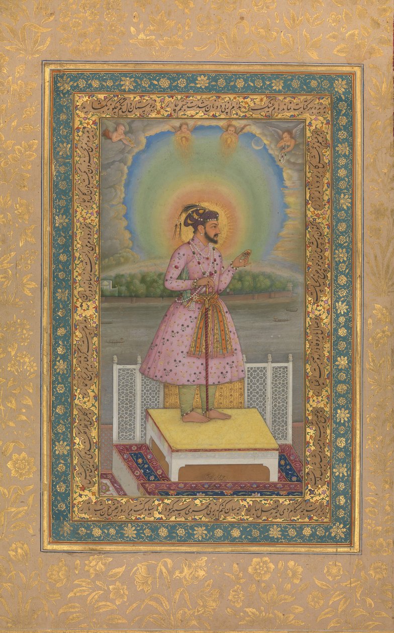Shah Jahan auf einer Terrasse, hält ein Medaillon mit seinem Porträt, Folio..., 1627-28 von Chitarman