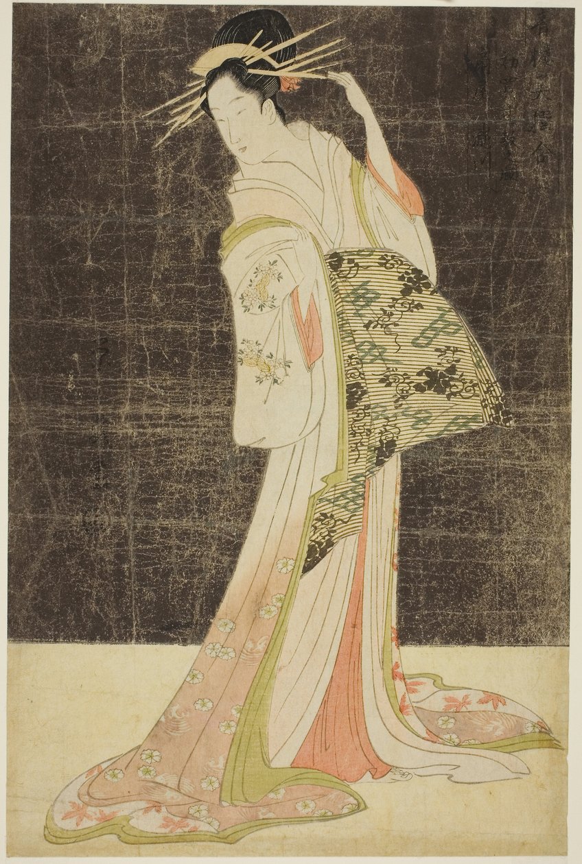 Eine Auswahl an Schönheit aus den Vergnügungsvierteln (Seiro bijin awase): Kurtisanen für die Neujahrsfeiertage - Takigawa vom Ogiya, ca. 1794 von Chobunsai Eishi