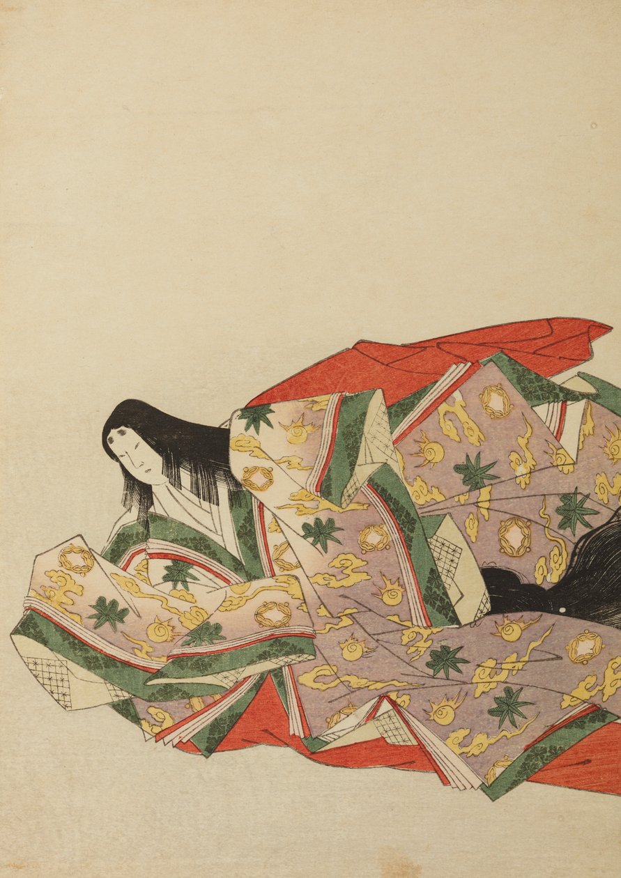 Hofdame in hellviolettem Gewand mit grünem und gelbem Muster, Tafel aus dem Album: Nishiki-zuri onna sanju rokkasen e-zukushi von Chobunsai Eishi
