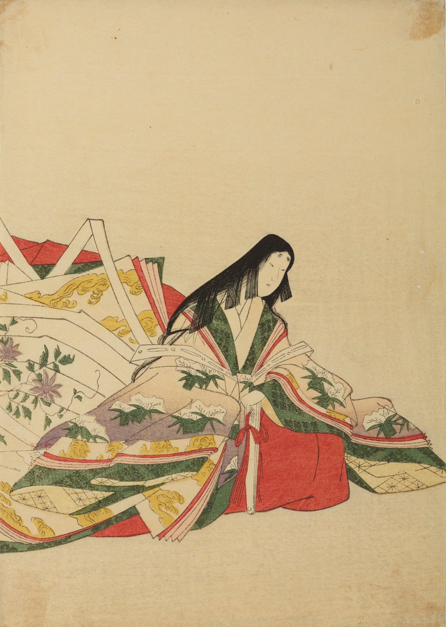 Hofdame sitzend, auf einen Fächer gestützt, Platte aus dem Album: Nishiki-zuri onna sanju rokkasen e-zukushi von Chobunsai Eishi