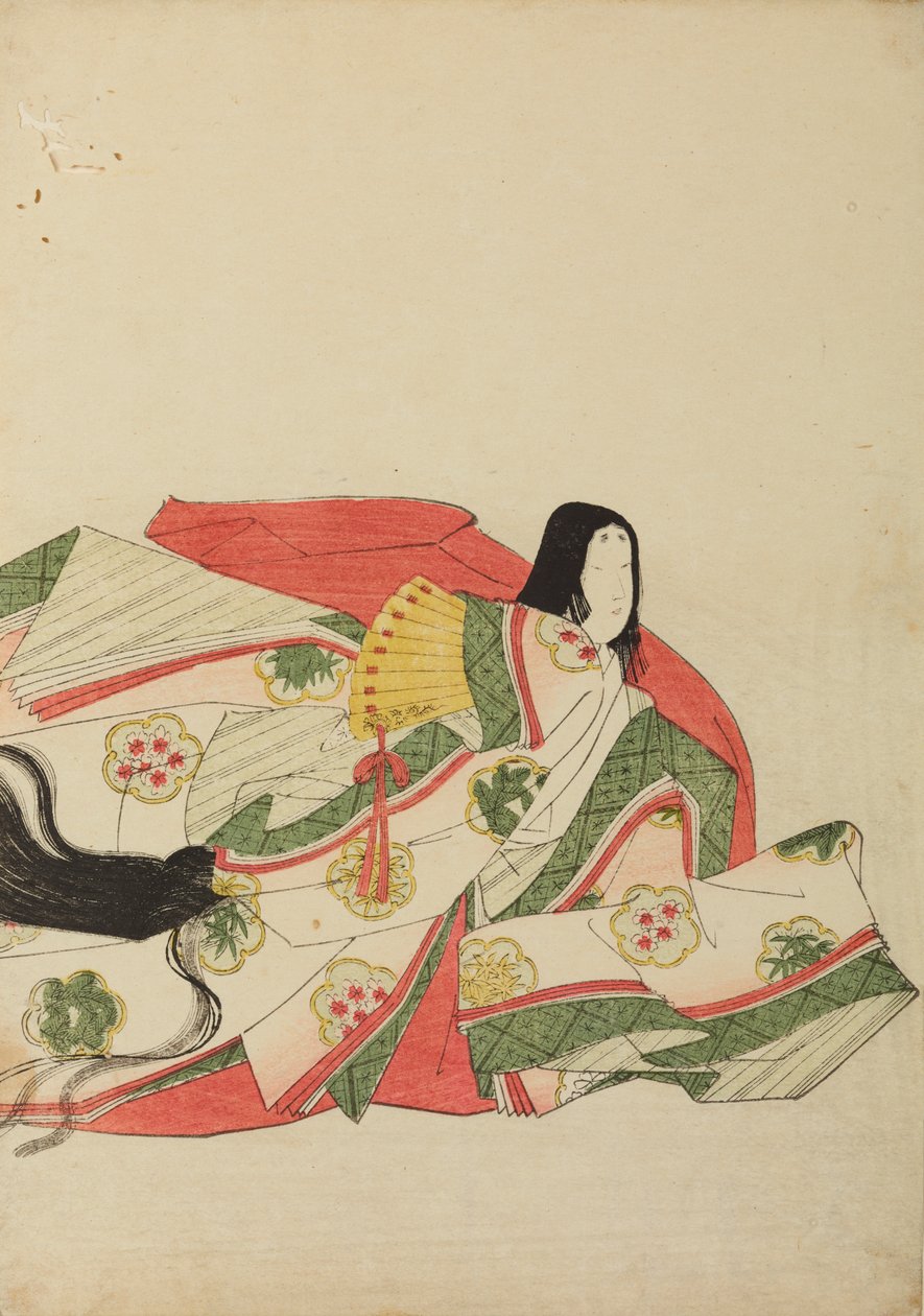 Sitzende Hofdame mit gelbem Fächer, Tafel aus dem Album: Nishiki-zuri onna sanju rokkasen e-zukushi von Chobunsai Eishi