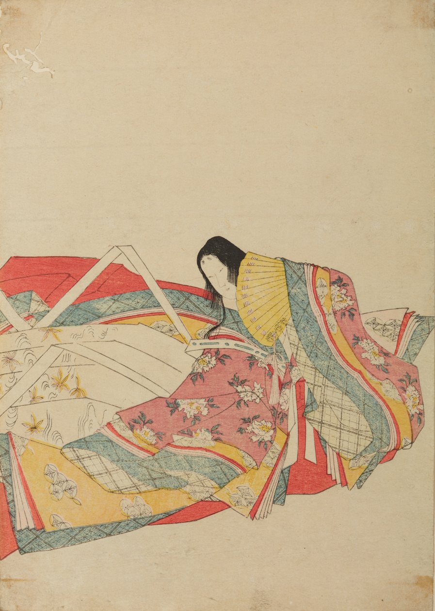 Sitzende Hofdame mit gelbem Fächer, Tafel aus dem Album: Sechsunddreißig Dichterinnen / Vollständige Bilderserie der sechsunddreißig Dichterinnen in Brokatdruck von Chobunsai Eishi