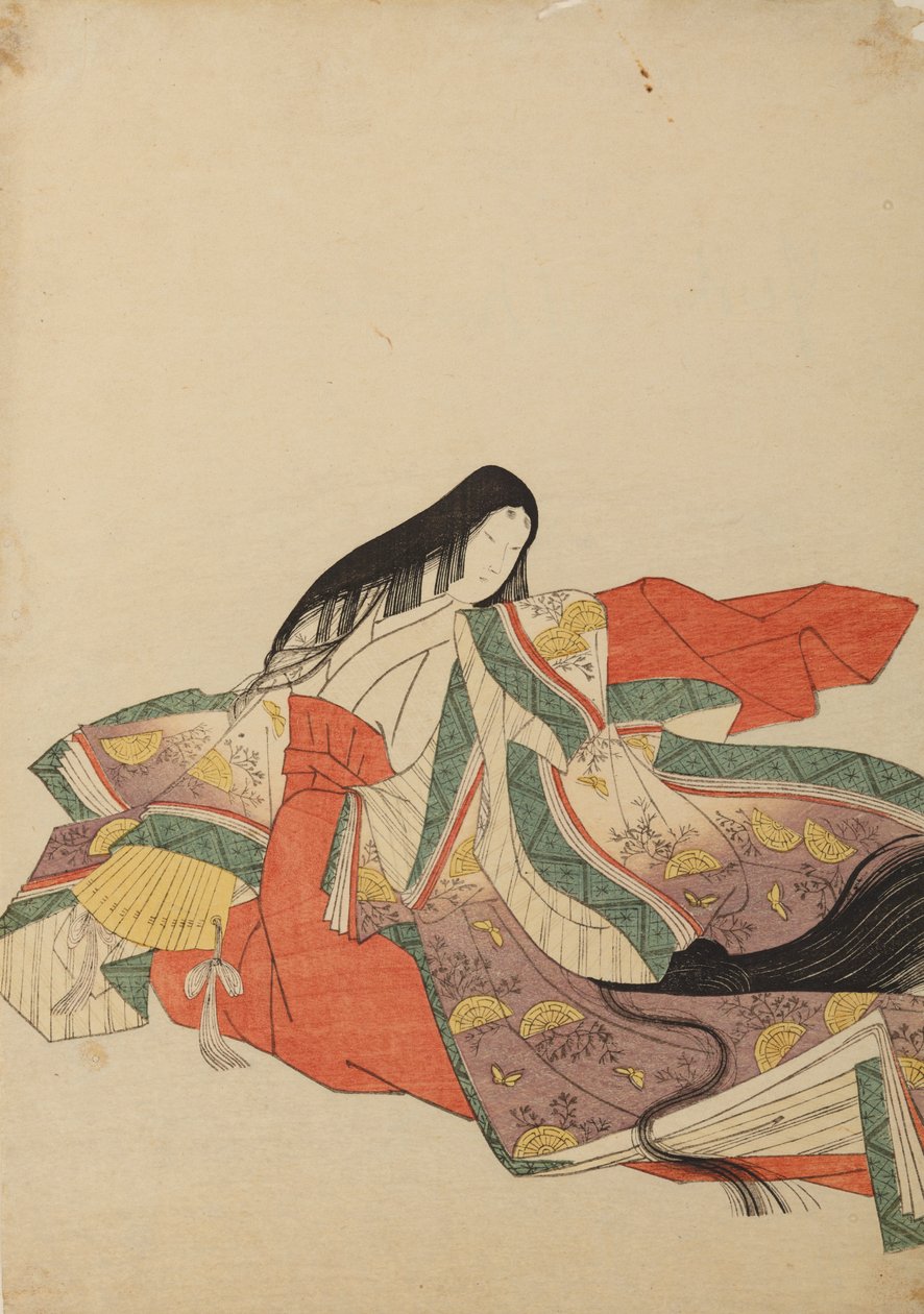 Sitzende, nach links gewandte Hofdame, Tafel aus dem Album: Nishiki-zuri onna sanju rokkasen e-zukushi von Chobunsai Eishi