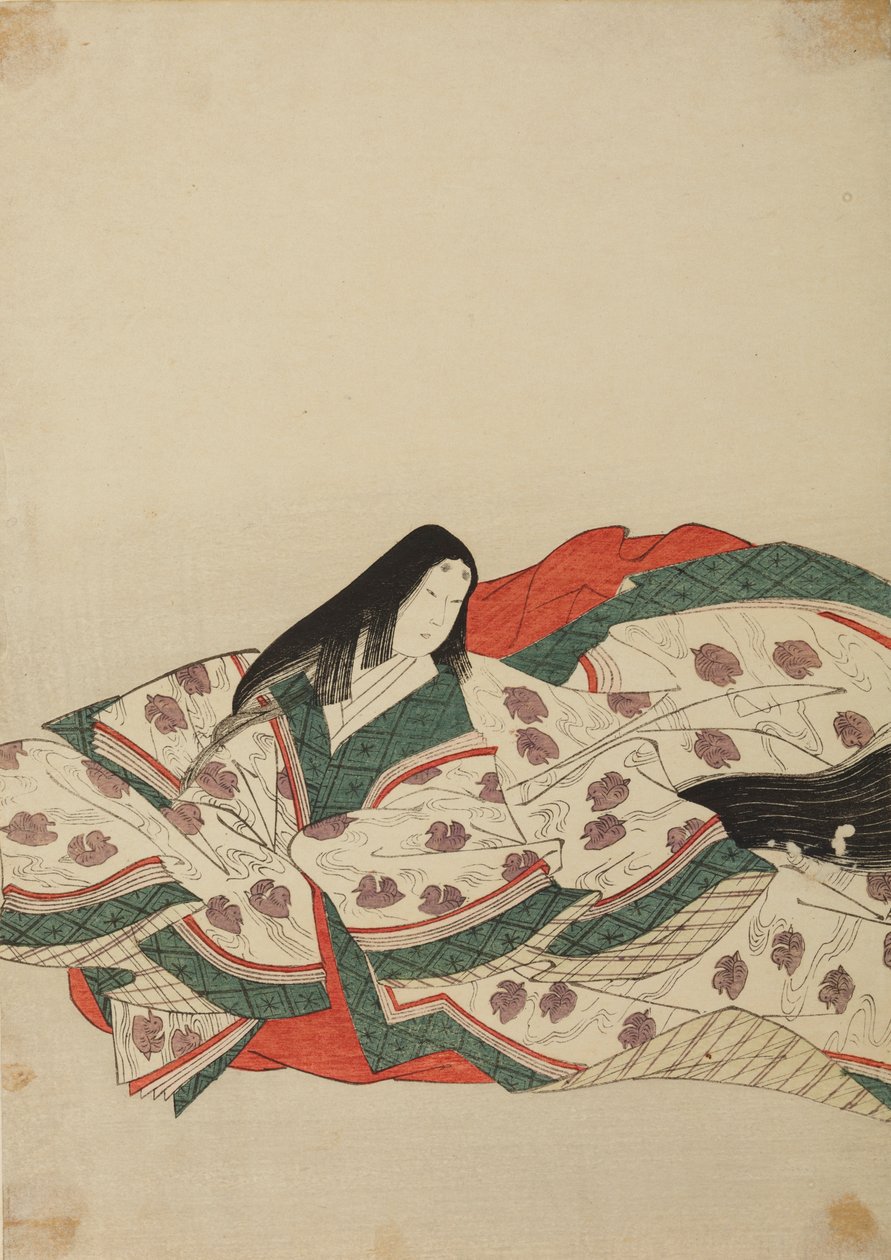 Hofdame in einem weißen Kimono mit einem Muster aus Enten auf dem Wasser, Tafel aus dem Album: Nishiki-zuri onna sanju rokkasen e-zukushi von Chobunsai Eishi