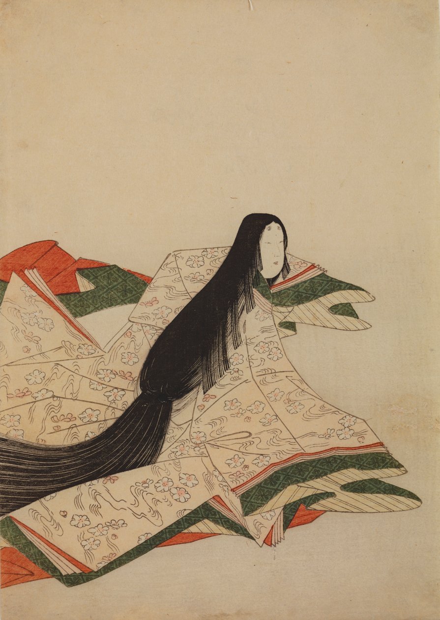Dame des Hofes im rosa Kimono mit Kirschblütenmuster auf Wellen, Tafel aus dem Album: Sechsunddreißig Poetinnen von Chobunsai Eishi