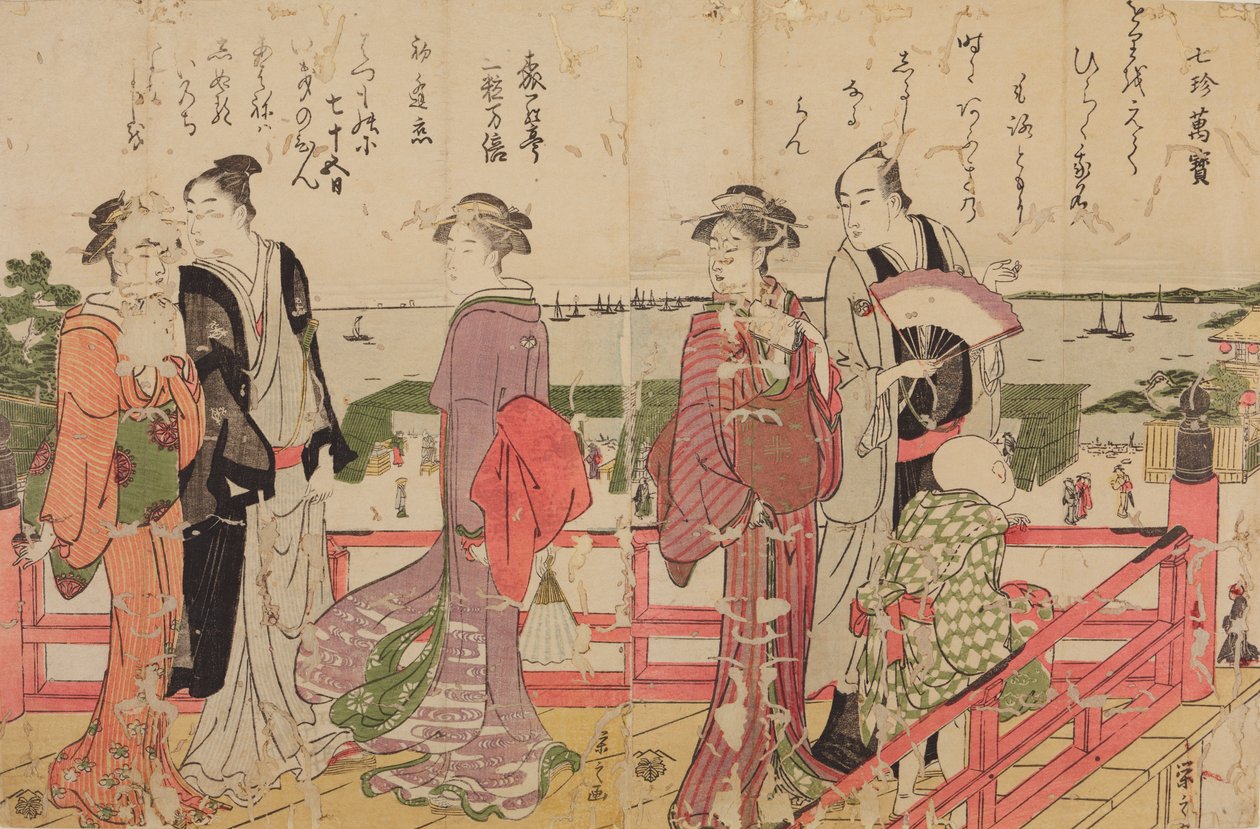 Zwei spazierende Paare, Frau und Junge auf einer Terrasse am Meer von Chobunsai Eishi
