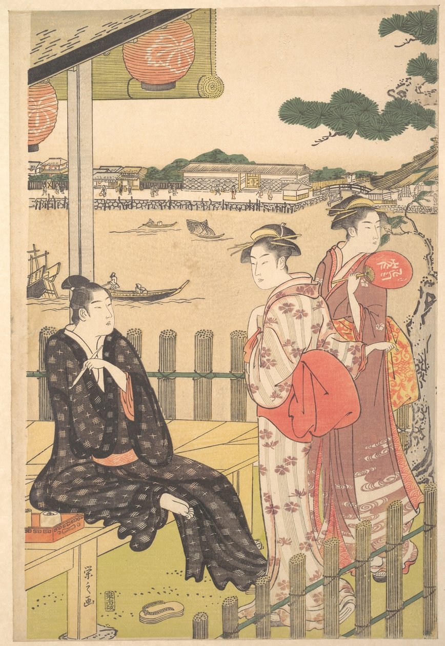 Gruppe in einem Teehaus am Ufer des Sumida-Flusses von Chobunsai Eishi