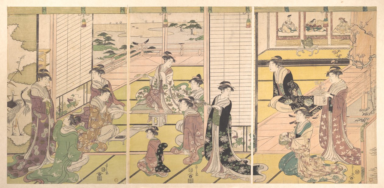 Ehrung der drei Götter der Dichtkunst: Frauen beim Verfassen von Gedichten von Chobunsai Eishi