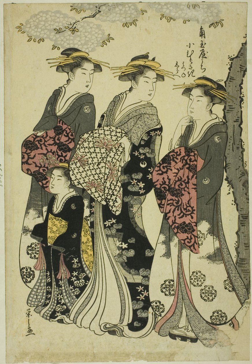 Komurasaki von der Kadotamaya mit den Begleitern Hatsune und Shirabe von Chobunsai Eishi