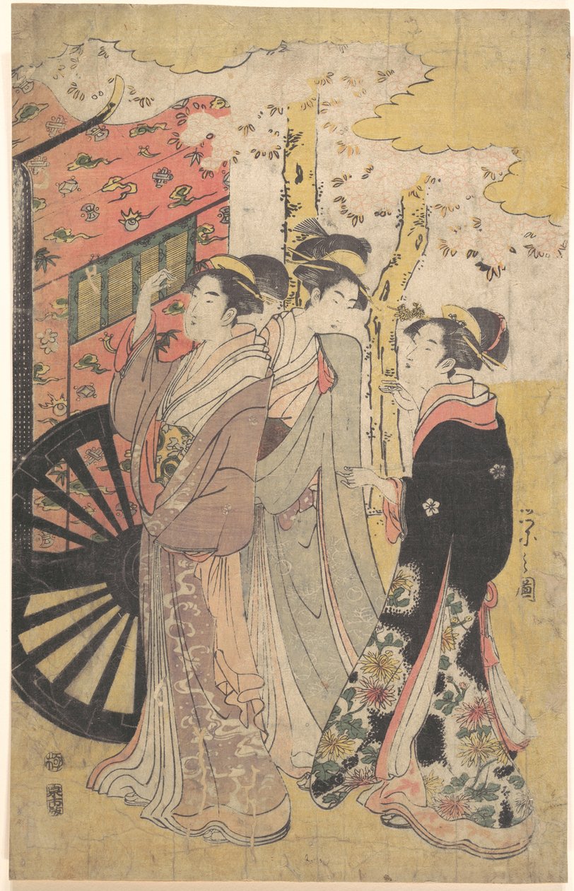 Dame in einer Hofkutsche, die Kirschblüten betrachtet von Chobunsai Eishi