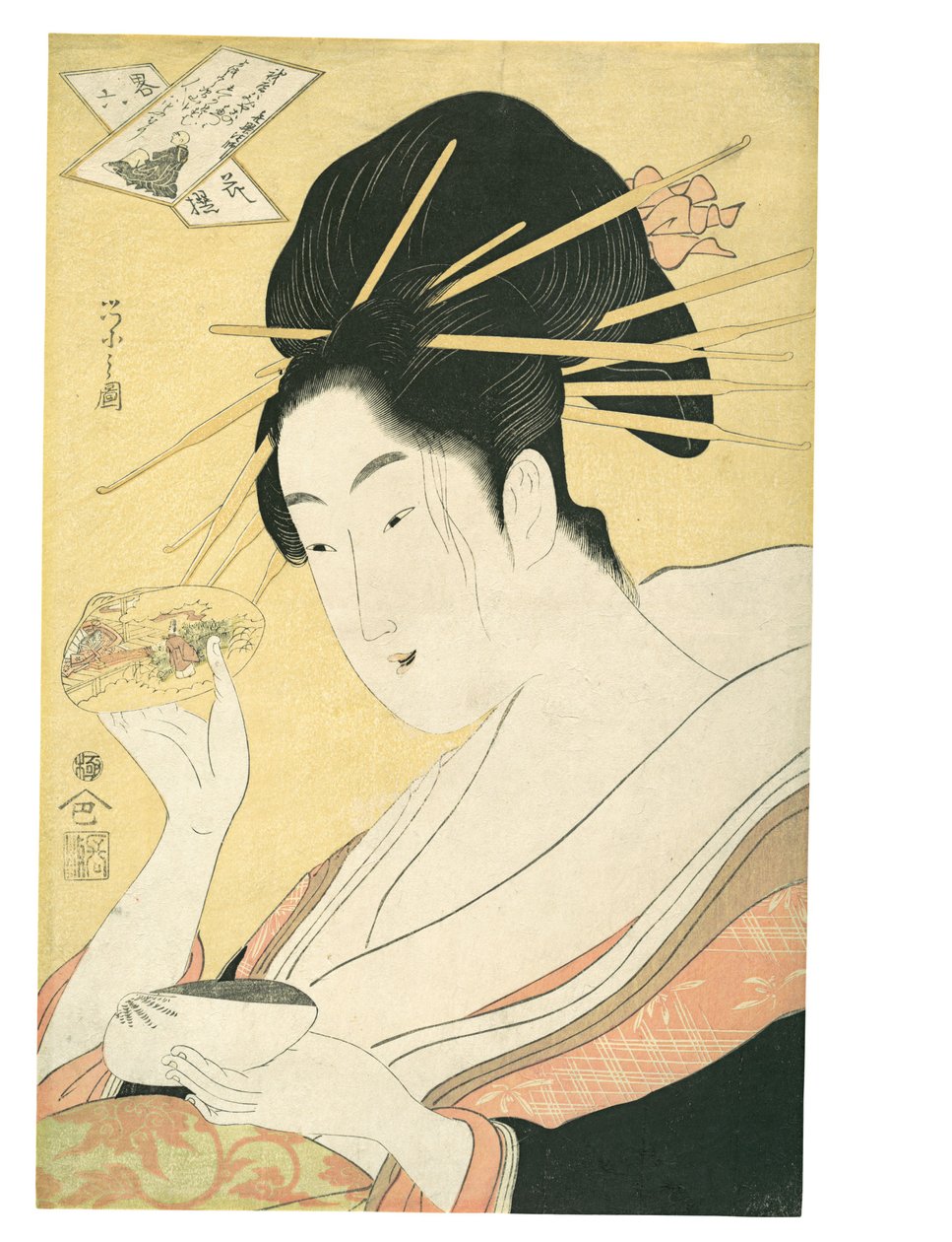 Muschelpaarung (Kai-awase), „Kisen Hōshi“, aus der Serie Moderne Parodien auf die sechs unsterblichen Dichter (Yatsushi rokkasen: Kisen Hōshi) von Chobunsai Eishi