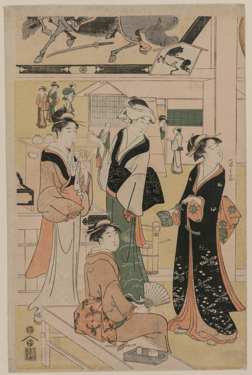 Frauen besuchen einen Teestand auf dem Gelände eines Tempels von Chobunsai Eishi