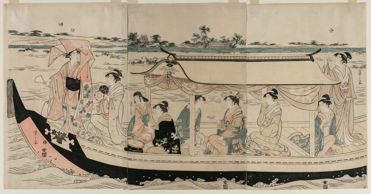 Frauen in einem Vergnügungsboot auf dem Sumida-Fluss, frühe 1790er Jahre von Chobunsai Eishi