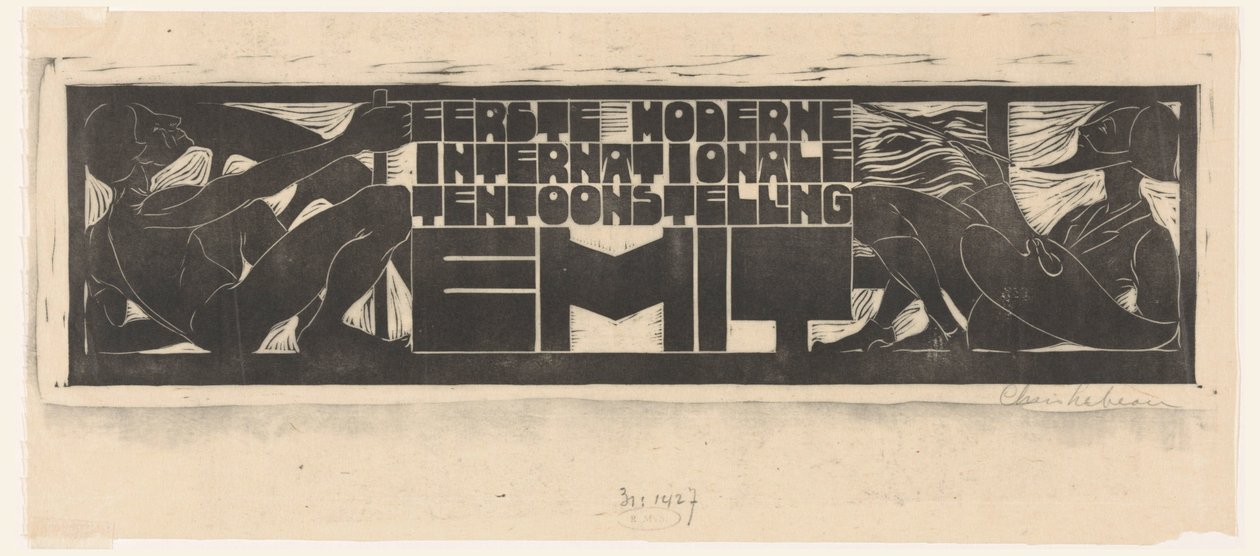 Ankündigung oder Titelkopf für die Erste Moderne Internationale Ausstellung (EMIT) in Scheveningen von Chris Lebeau (signed by artist)