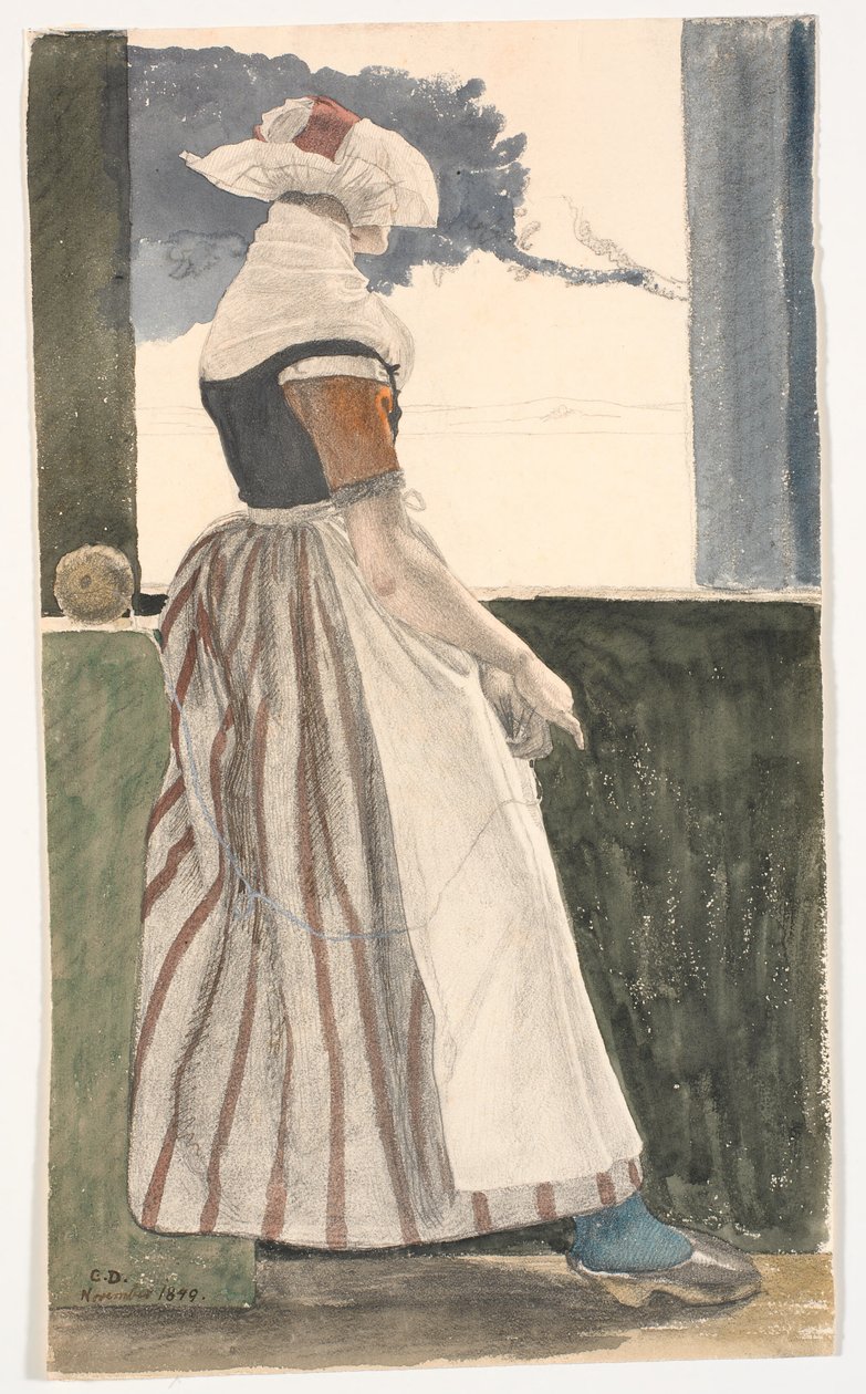 Junges Mädchen in Salling-Tracht, strickend und aus einem Fenster schauend von Christen Dalsgaard