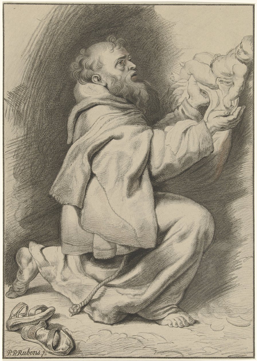 Der heilige Franziskus von Assisi empfängt das Christuskind von Maria von Christiaan Josi