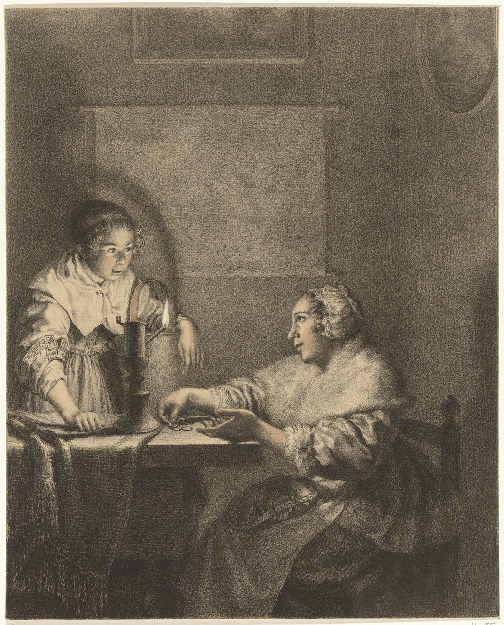 Interieur mit Dame und Dienstmädchen bei Kerzenlicht von Christiaan Josi
