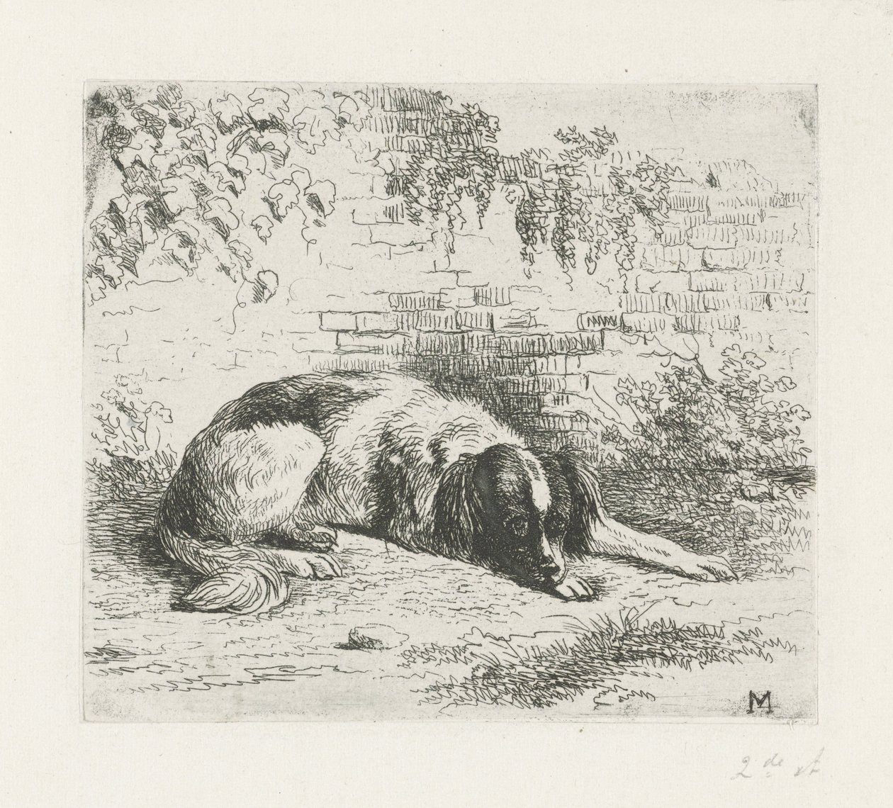 Liegender Hund vor einer Mauer von Christiaan Wilhelmus Moorrees