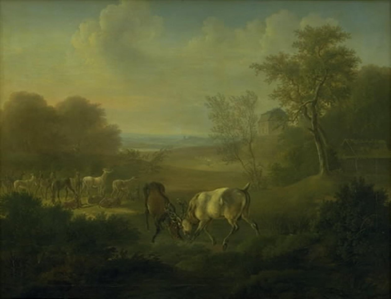Hirsche im Tiergarten, im Hintergrund die Eremitage von Christian David Gebauer