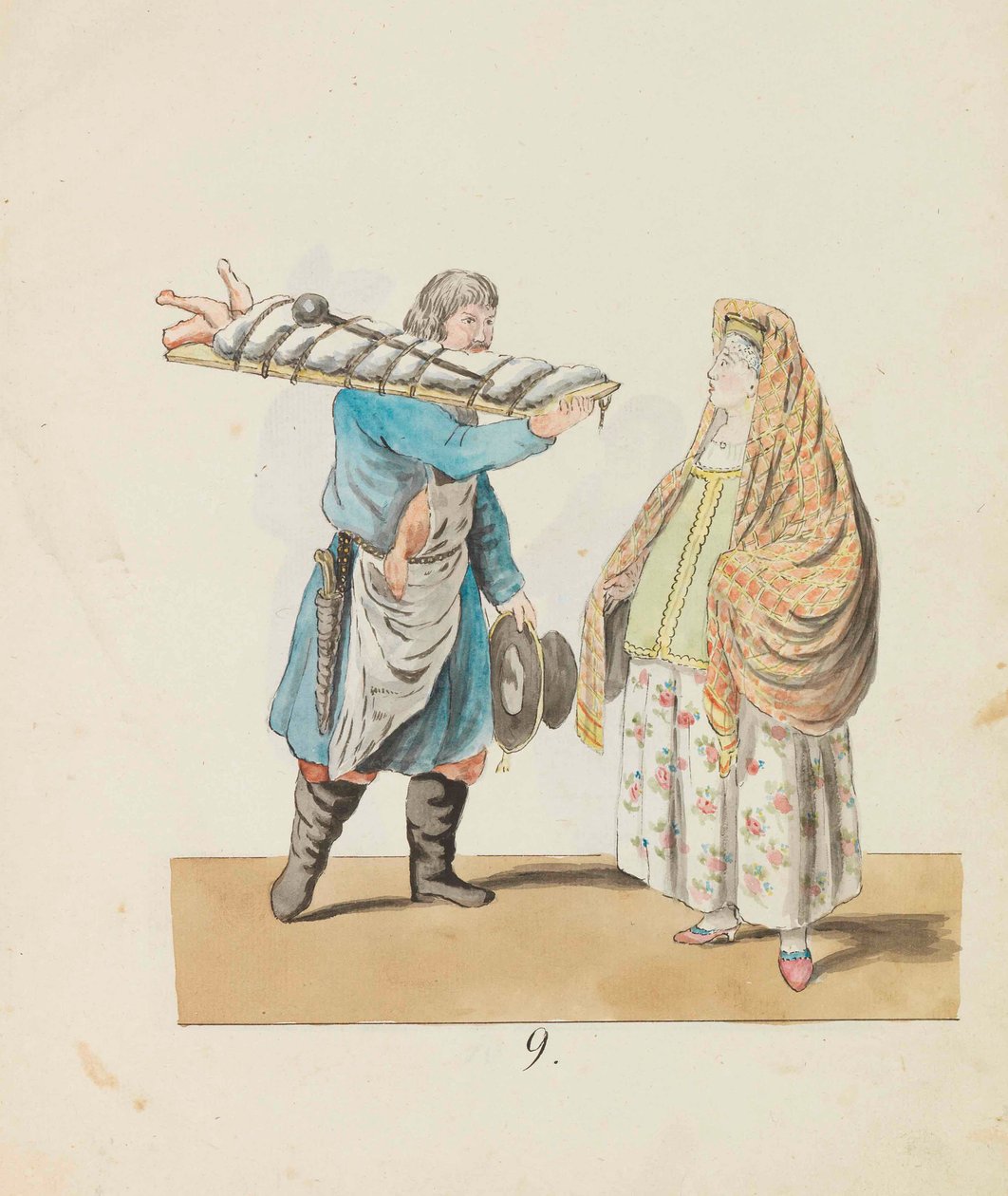 Metzger mit Schwein auf dem Brett und Händlerin aus der Serie Die St. Petersburg..., 1799 von Christian Gottfried Heinrich Geissler