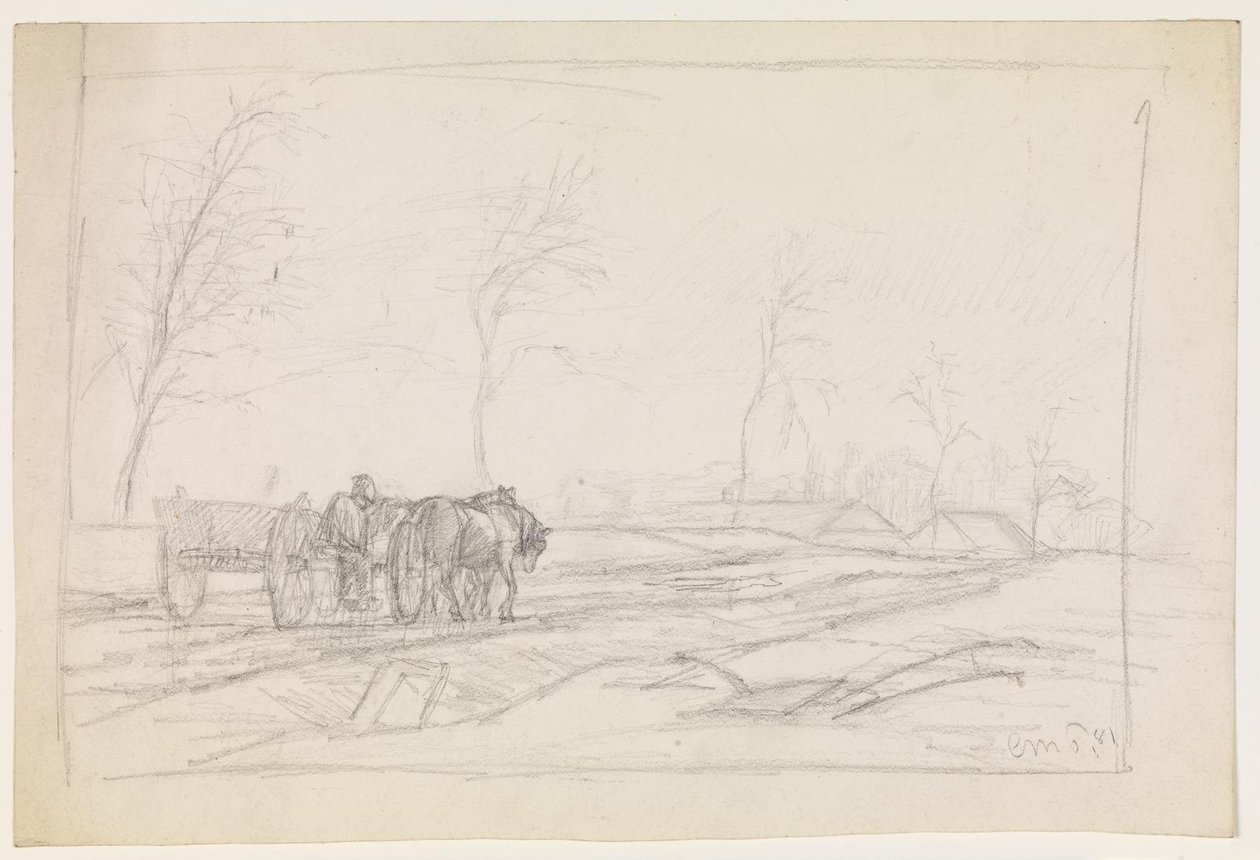 Landschaft mit blattlosen Bäumen und einem Arbeitswagen von Christian Mourier Petersen